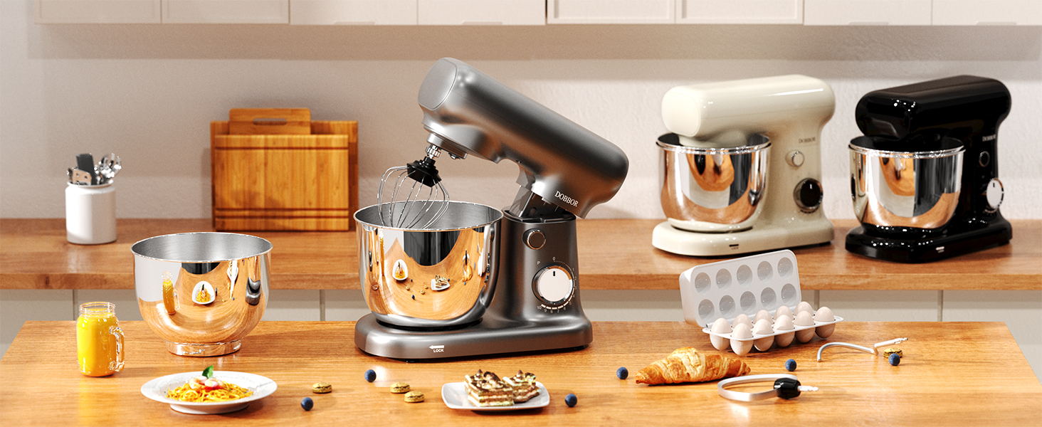 Кухонна машина-міксер з двома чашами 2.5L+3L, 10 швидкостей, 1500W, з гаком для тіста та насадкою для збивання, для випічки та щоденного приготування їжі (сріблясто-сірий)