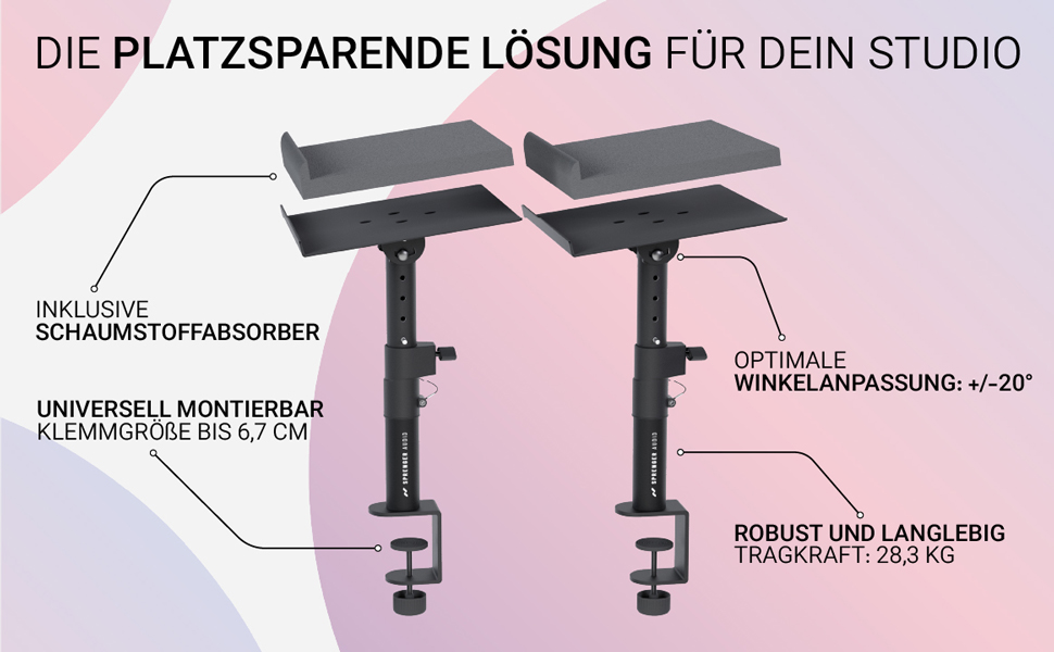 Стійка для акустики Sprenger з кріпленням для столу – регулювання ±20°, до 28кг – з демпфером з піни – стабільна та міцна – для студії, столу та DJ-setup – чорний колір