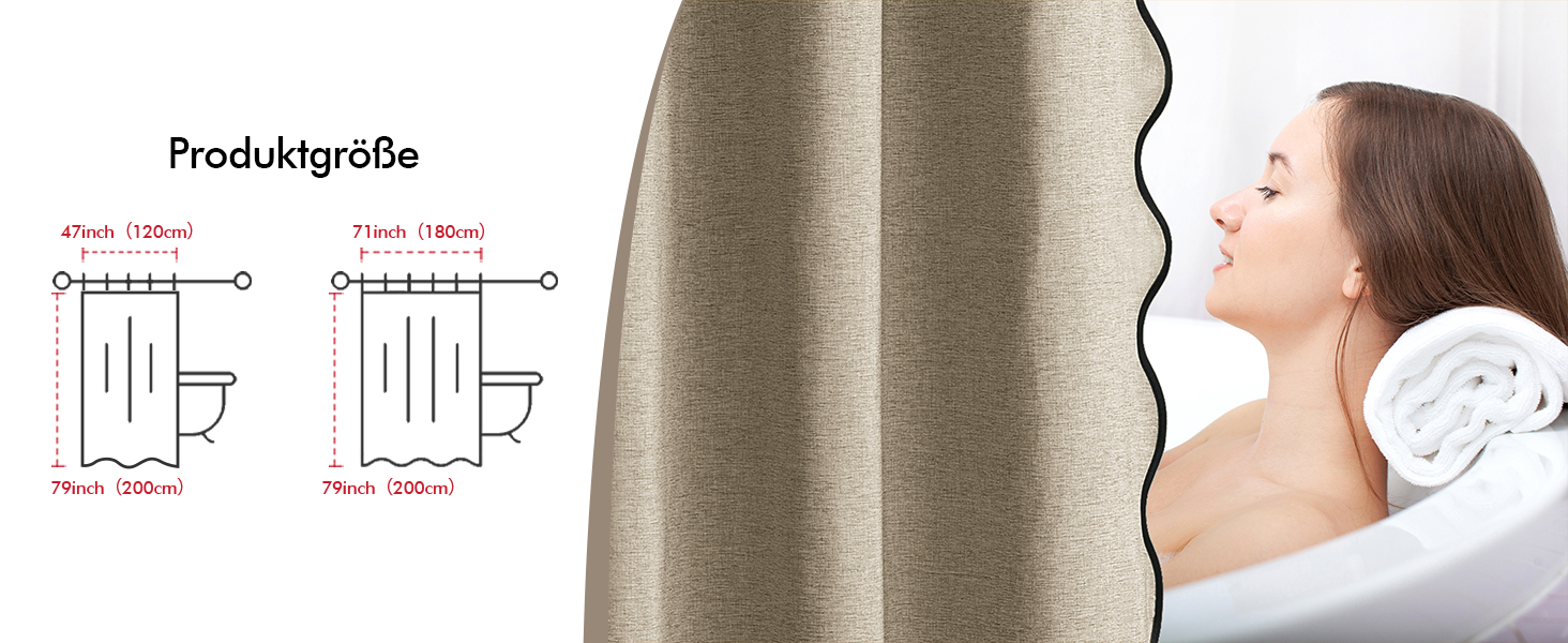Шторка для душу MIULEE 120x200 см, льон, текстурована, з чорною окантовкою, готельний стиль, водонепроникна, антигрибкова, тканинна, з 8 кільцями, бежева