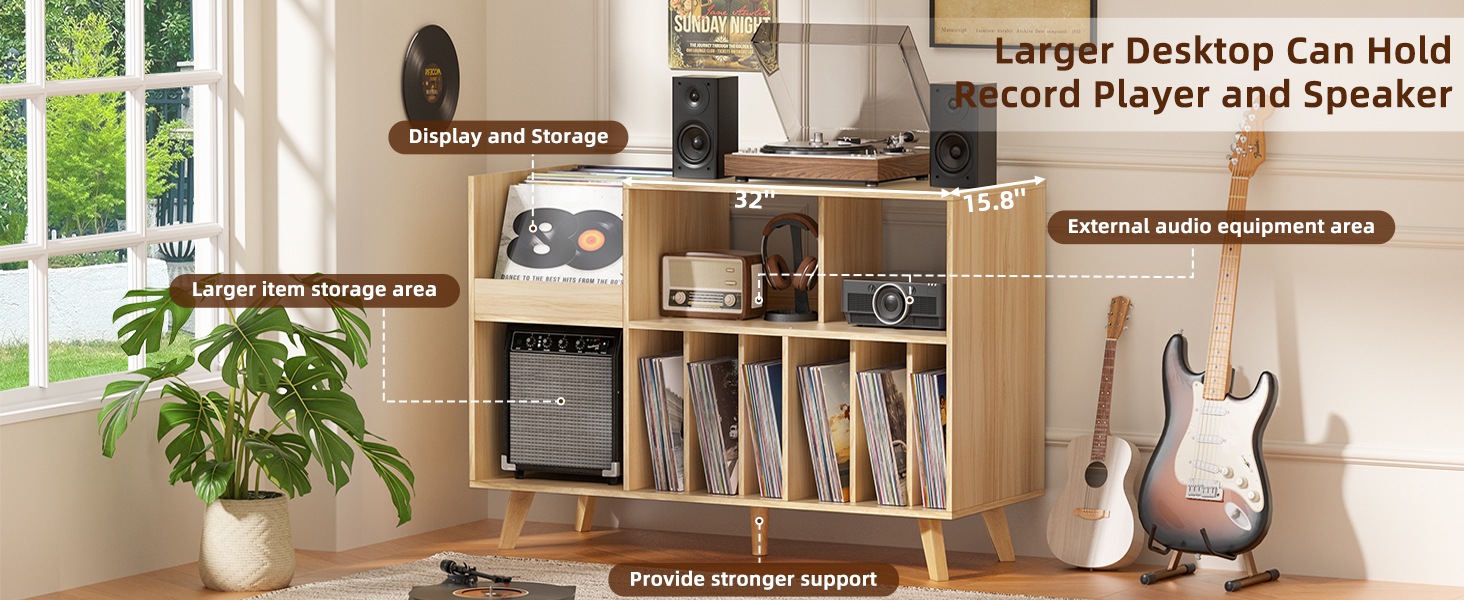 Підставка для платівок велика з полицею для зберігання, дерев'яна, на 450 альбомів