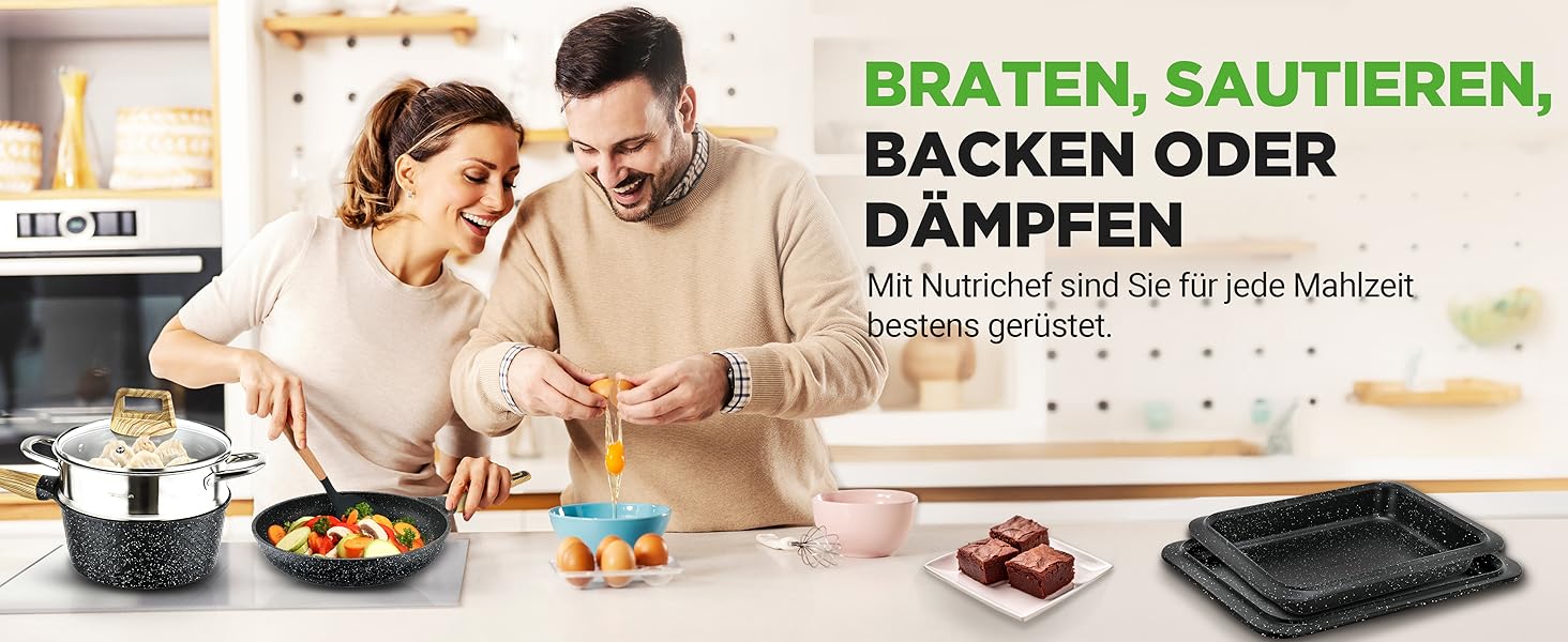 Набір посуду NutriChef 22 предмети антипригарний мармуровий: сковороди, каструлі, аксесуари для кухні (індукція, посудомийна машина)