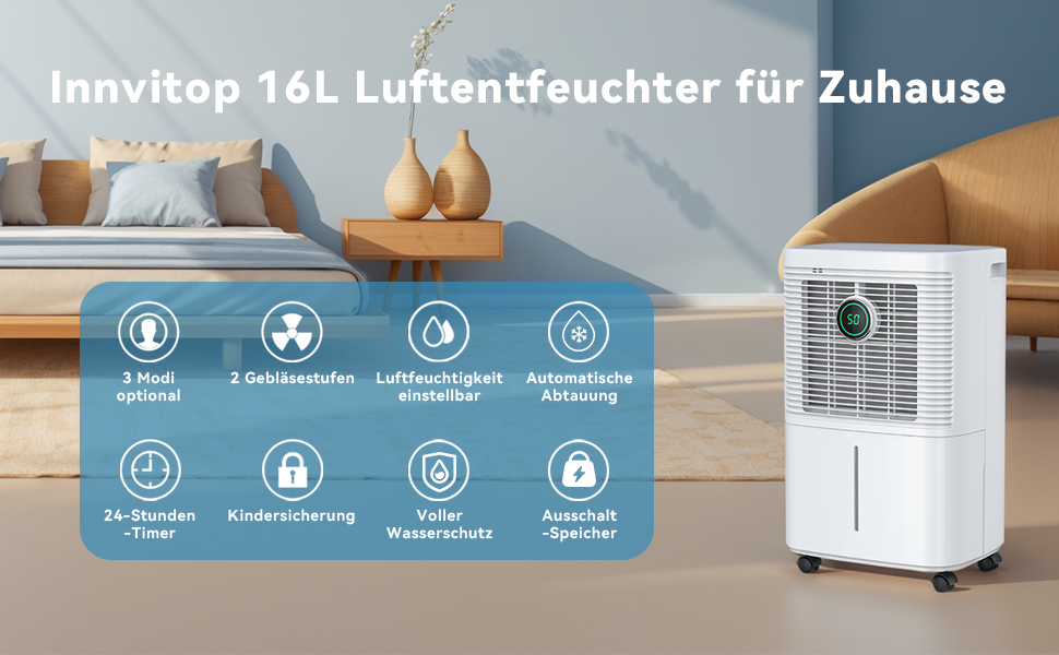 Електричний осушувач повітря 16л/24г з цифровим дисплеєм вологості, таймером 24г, безперервною подачею води, для квартири/підвалу, 16л/24г, 35㎡