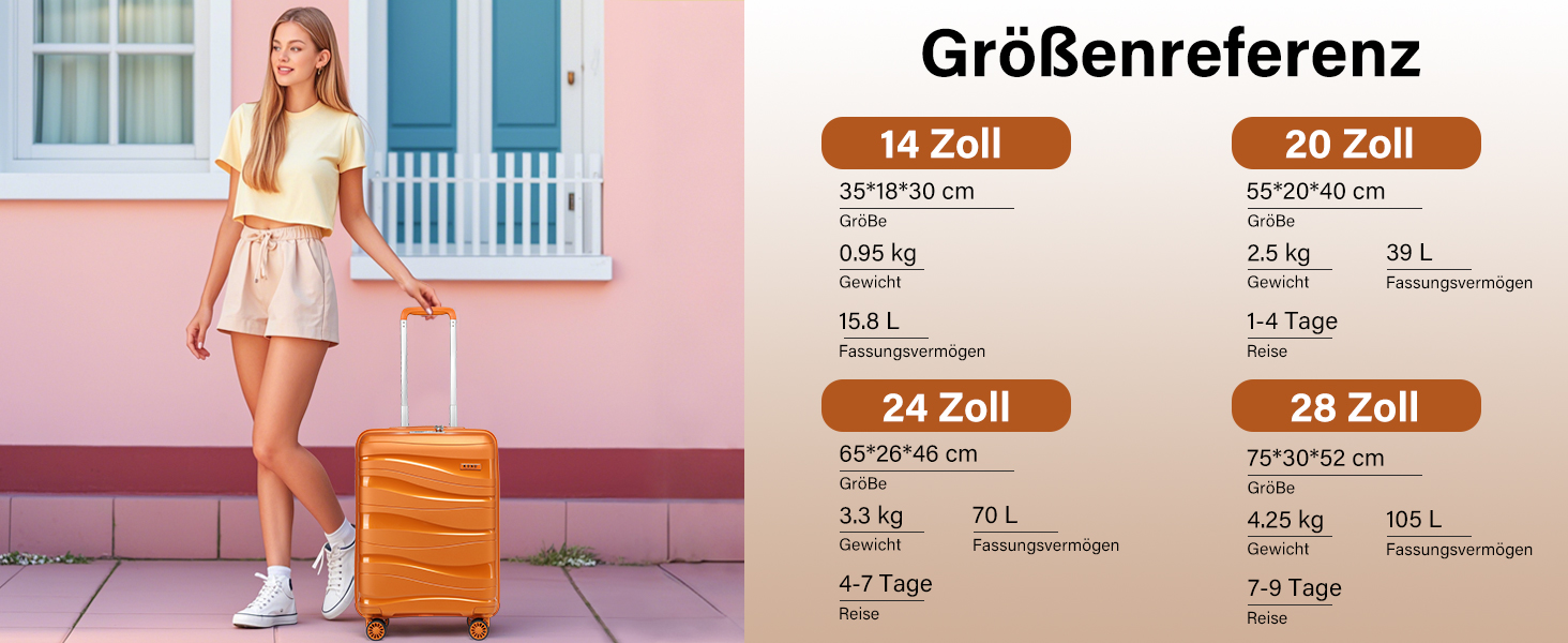 Набір валіз KONO 2 шт: ручна валіза-тележка 55 см + косметичка з поліпропілену, колір помаранчевий