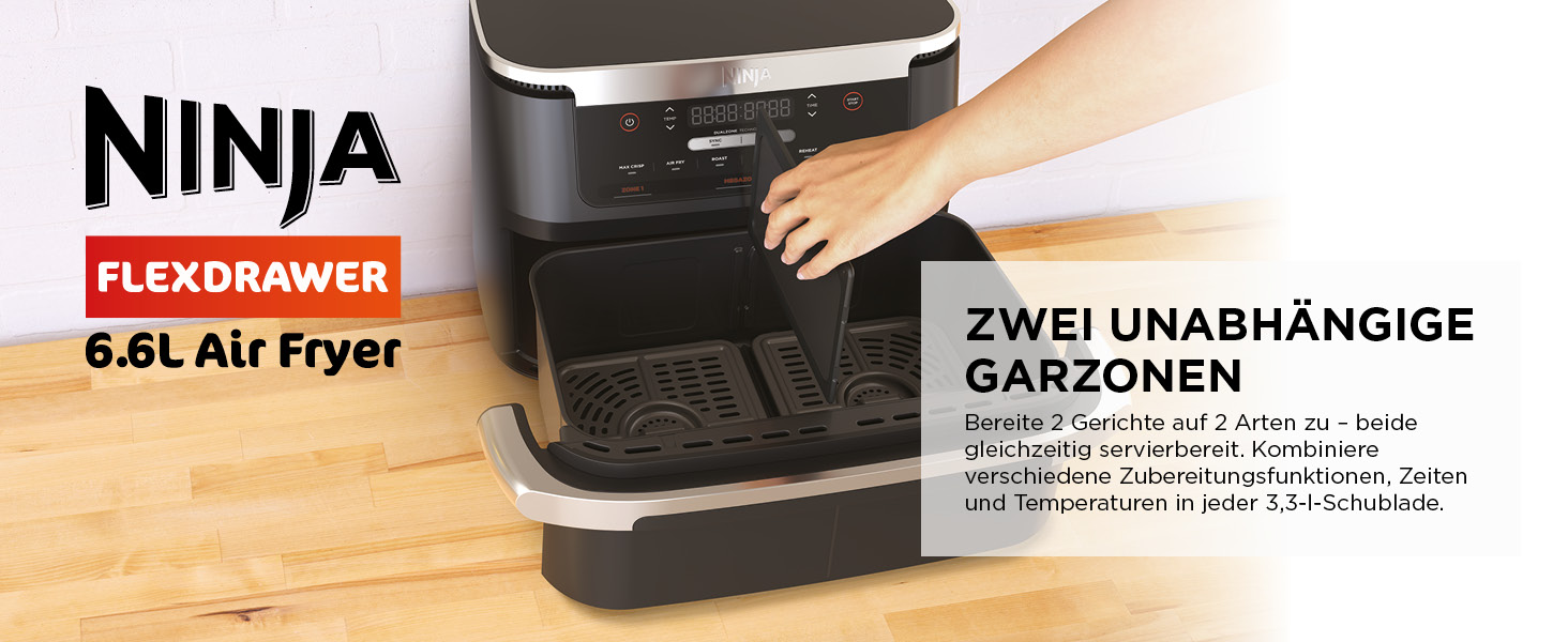 Аерофритюрниця Ninja FlexDrawer AF550EU 6.6 л, чорна: багатофункціональна фритюрниця 6-в-1 з великою шухлядою Dual Zone, функціями запікання та Max Crisp