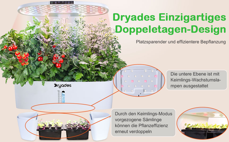Гідропонна система вирощування: 8 капсул, 24W LED лампа повного спектру з сигналом про низький рівень води | Внутрішній сад для кухні, вітальні, школи | Ідея подарунка для любителів садівництва (16 капсул - Білий)