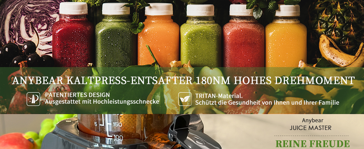 Anybear повільнодійний соковичавник 200W з великим завантажувальним отвором 110 мм | Покращена шнекова система | Tritan, BPA-free | Рецепти соків (срібний)