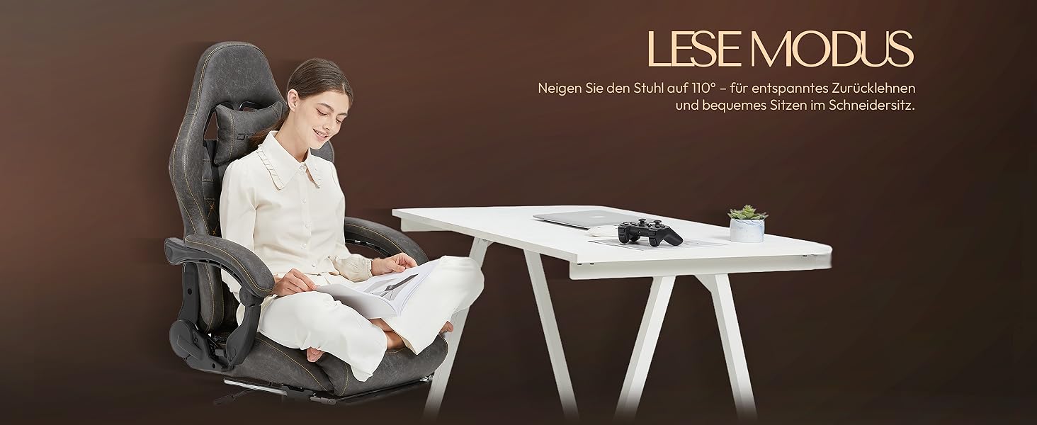 Ігрове крісло Dowinx з підніжкою, масажером попереку та офісним комфортом, до 200 кг, регулювання спинки 165°, сірий