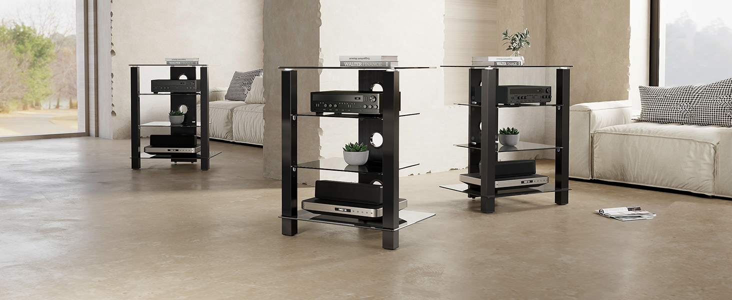 Стельова полиця FITUEYES для телевізора та аудіоапаратури з регульованою висотою, скло та алюміній