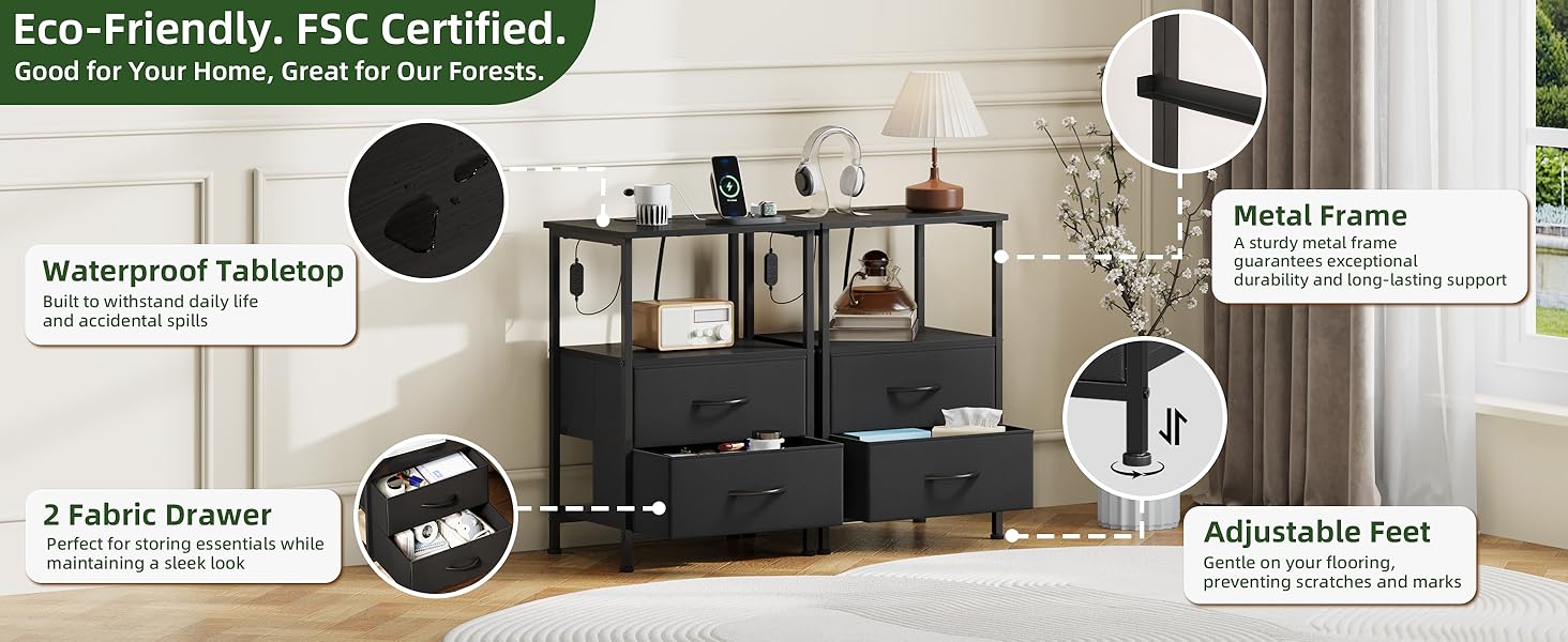 Нічний столик Somdot з підзарядкою, LED, розеткою (USB, Type-C) для спальні, вітальні, дитячої кімнати, чорного кольору, 30x40x60 см (2 висувні ящики)