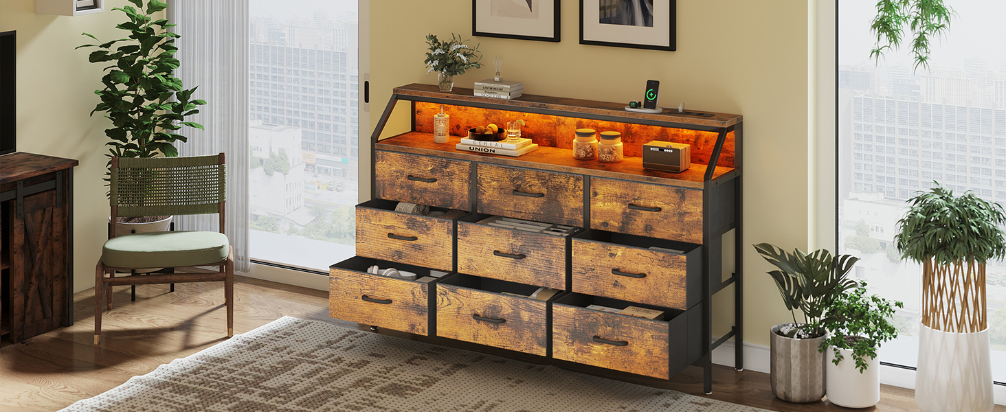 Комод ODK з висувними ящиками, 9 тканинних ящиків, 2 розетки, 2 USB-порти, LED-підсвітка, для спальні/вітальні, вінтажний стиль