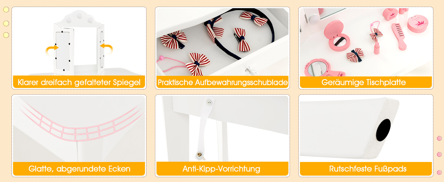 Дитячий столик для макіяжу 2 в 1 з підсвіткою та дзеркалом, COSTWAY, для дівчаток (білий)