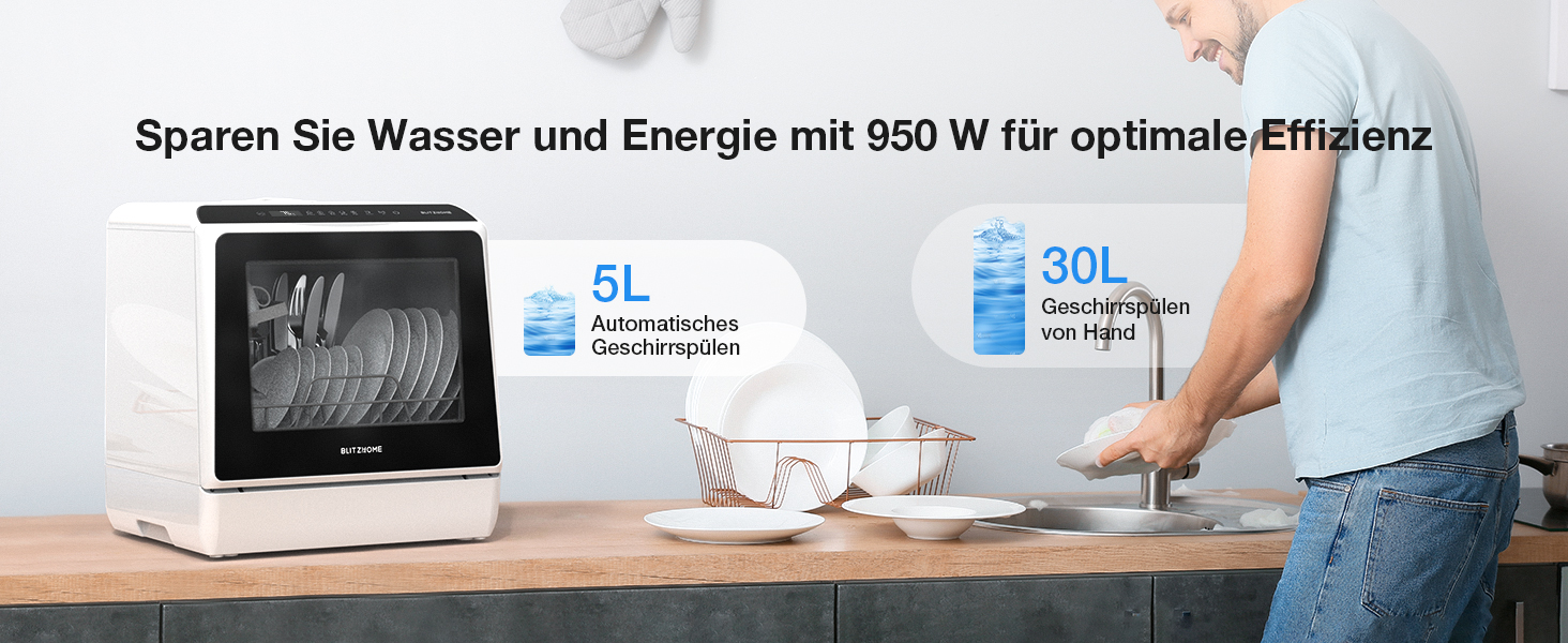 BLITZHOME Міні посудомийна машина з керуванням через додаток, 6 програм, портативна, 5л бак, з/без підключення до води, функція сушіння, для кемпінгу