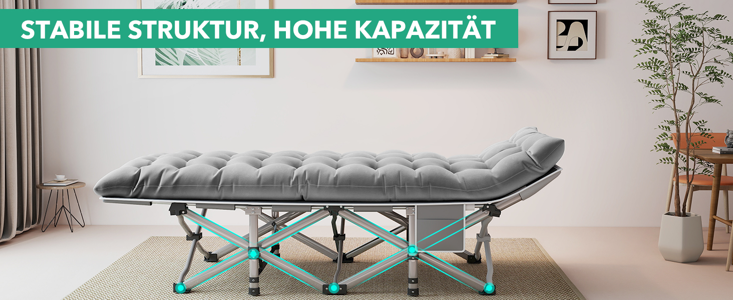 Розкладне ліжко для кемпінгу з матрацом та сумкою-переноскою, посилене (до 208 кг), XL 190x71x35 см, сіре