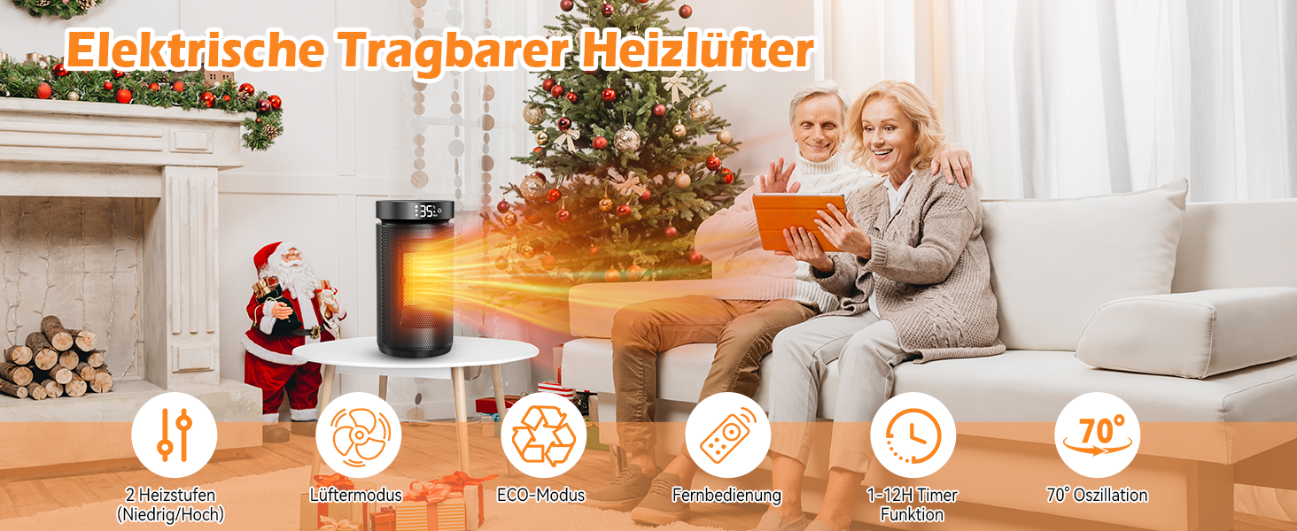 Електричний обігрівач 1500W з PTC керамічним нагрівачем, тихий (34 dB), з термостатом, таймером (12 год) та захистом від перегріву та перекидання. З пультом керування, чорний.