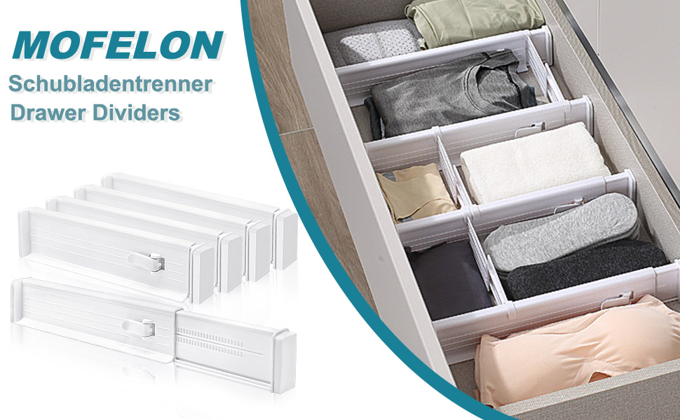 Організатори для ящиків MOFELON (8 шт.), регульовані роздільники для ящиків (33-58.5 см, 6.4 см H), система організації для шаф, комодів, кухні, спальні, ванної кімнати - білий