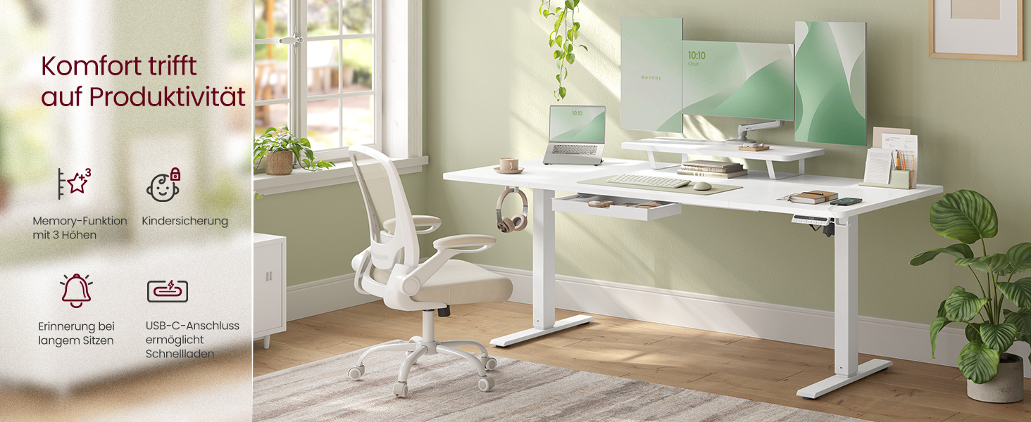 Регульований стіл VASAGLE з підставкою для монітора, шухлядою та USB-C, нагадування про перерви, 160 x 80 см, Wolkenweiß