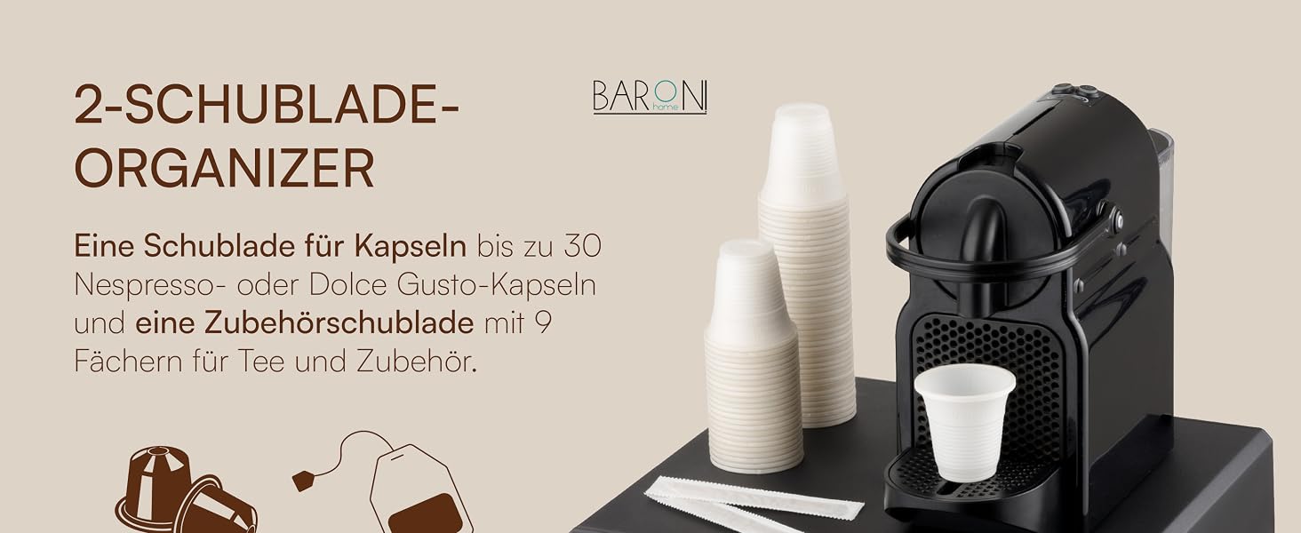 Органайзер для кавових капсул Baroni Home, універсальна шухляда на 30 капсул Nespresso та Dolce Gusto, відсіки для чаю та аксесуарів, пластиковий, 2 шухляди, 34x13x34 см, чорний
