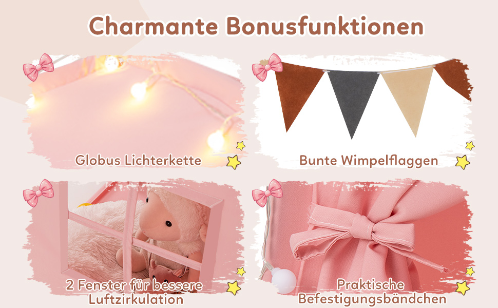 Дитячий ігровий будиночок COSTWAY, намет для дітей з прапорцями та гірляндою, намет принцеси, великий намет для дитячої кімнати для хлопчиків та дівчаток від 3 років, 157 x 98 x 148 см (Бежевий)