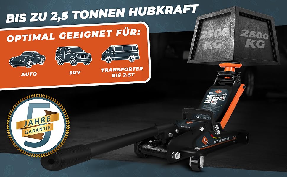 Гідравлічний домкрат HAMMERHART 3T з низьким профілем, 75-505мм, колеса 360°, подвійний поршень, гумові накладки, T-ручка - перевірена якість TÜV