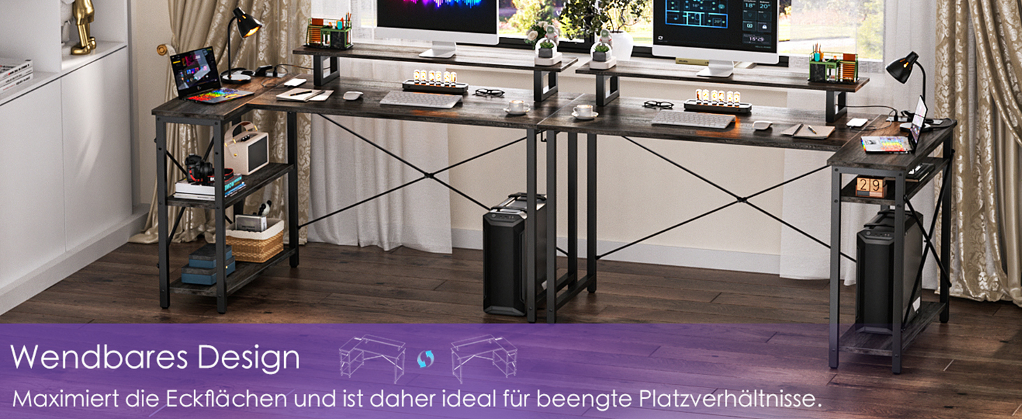 Кутовий ігровий стіл L-подібний з LED-підсвіткою та розетками, комп'ютерний стіл з полицями, обертовий, з підставкою для монітора, 120 x 70 см, дуб Грау Ейх