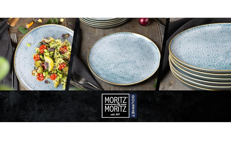 Набір посуду Moritz & Moritz TERRA на 6 осіб: 6 тарілок для їжі, десертних тарілок, мисок (Азурний блакитний), 6 великих тарілок з високоякісного порцеляну