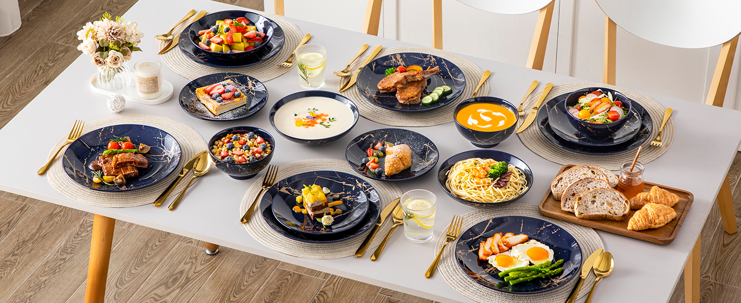 LOVECASA Tafelservice Daphne: 24-частинний набір посуду з золотим декором (Marineblau)