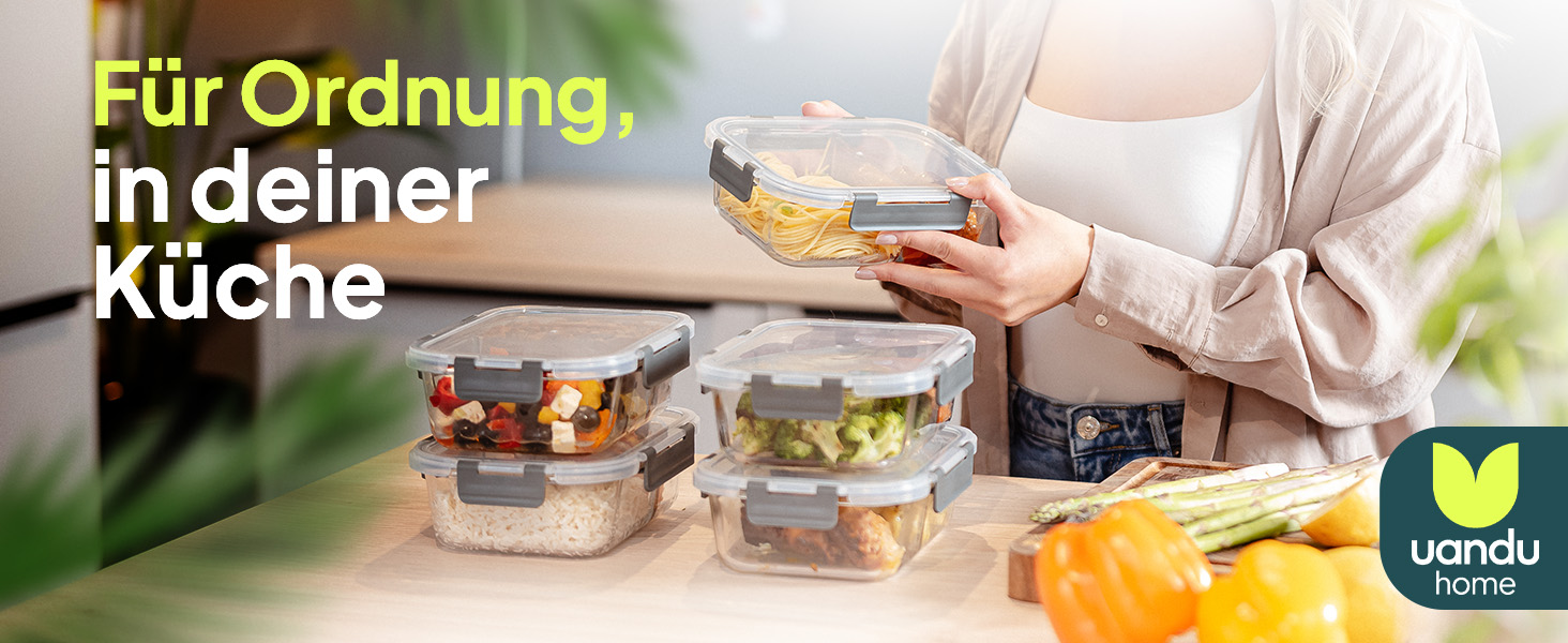 Набір скляних контейнерів для їжі з кришками uandu, 10 предметів, Meal Prep бокси з 2 відділеннями, антрацит