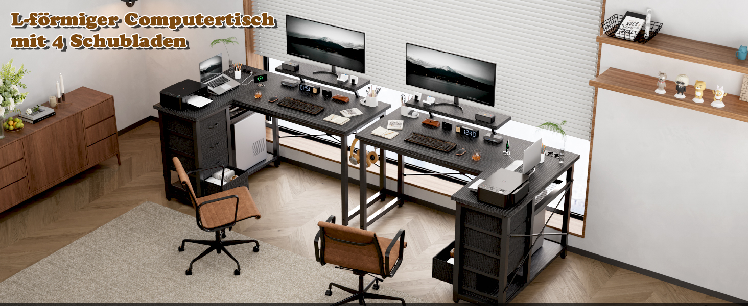 Кутовий стіл Devoko з 4 ящиками з тканини, 2 розетками та 2 USB-портами, для дому та офісу, ігор, білий, 140x80 см