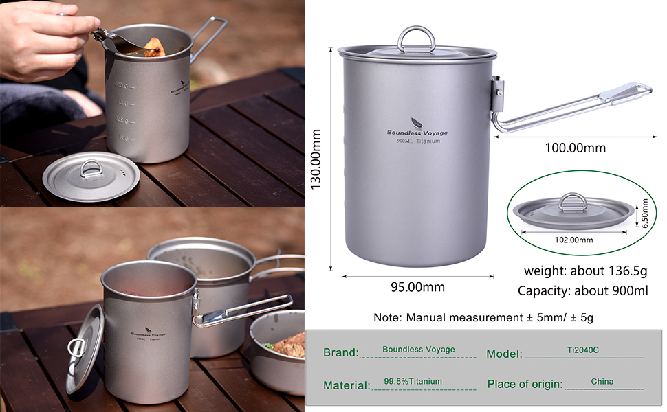Титанковий казанок iBasingo 900мл з кришкою - казанок для кемпінгу, приготування їжі на відкритому повітрі, подорожей та пікніків