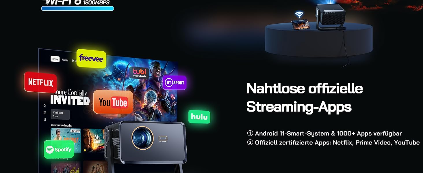 Міні проектор WOLFANG 4K з автофокусом та корекцією трапеції, 28000 люмен, WiFi 6, Bluetooth, для домашнього кінотеатру, 180° підставка, підтримка iOS/Android, для показу на вулиці