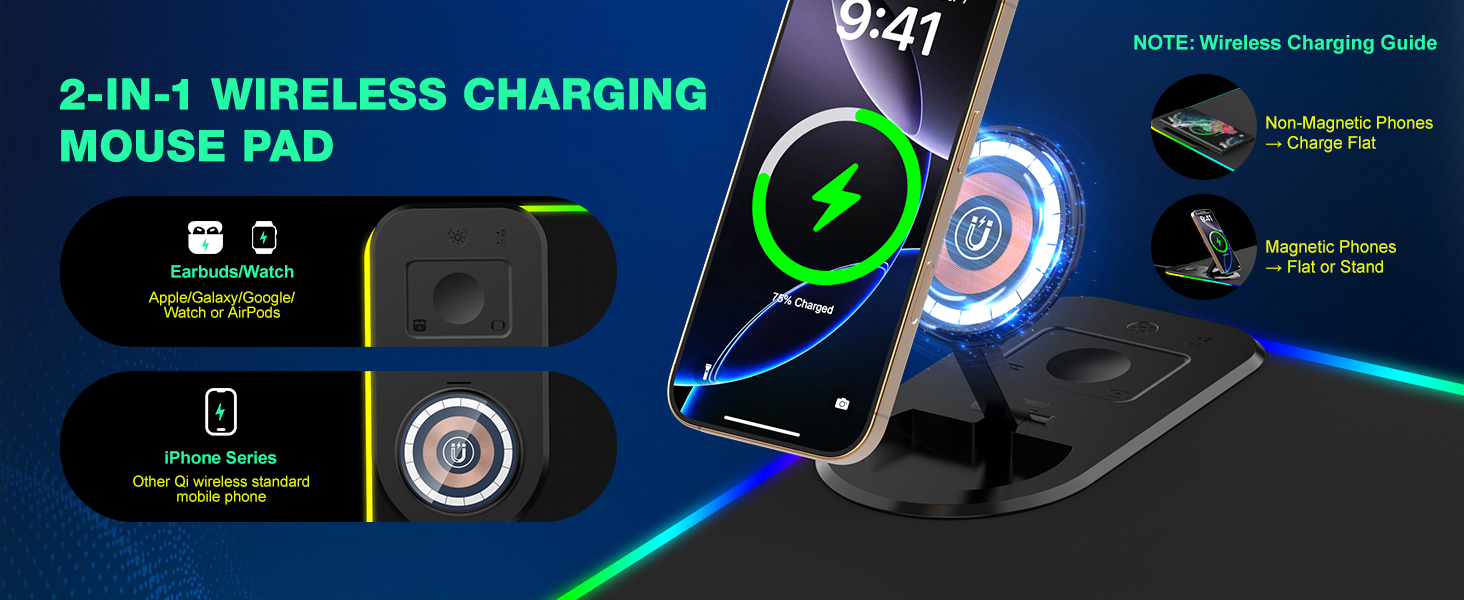 RGB ігровий килимок для миші з бездротовою зарядкою Qi 15W, LED підсвічуванням, 10 режимів, водонепроникний, протиковзкий, для геймінгу, офісу та дому (чорний)