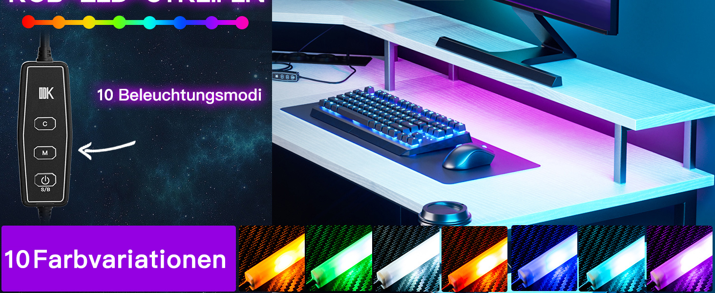 Ігровий стіл ODK 129x129 см з LED підсвіткою, 2 розетки та 2 USB, для ПК та комп'ютера, білий