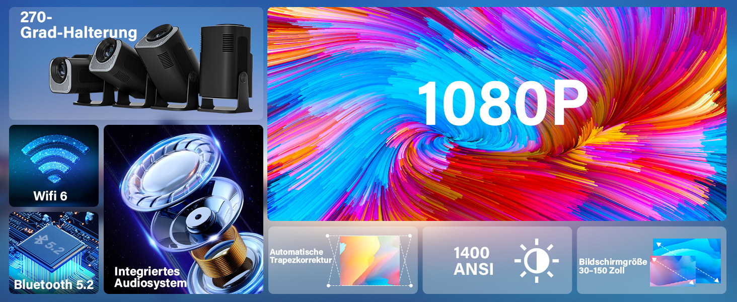 Портативний проєктор Mini Beamer 4K Full HD 1080P з WiFi 6, Bluetooth 5.2, автоматичною корекцією трапецеїдальних спотворень та підтримкою HDMI, TV Stick, Memory Stick, Laptop (білий, чорний)