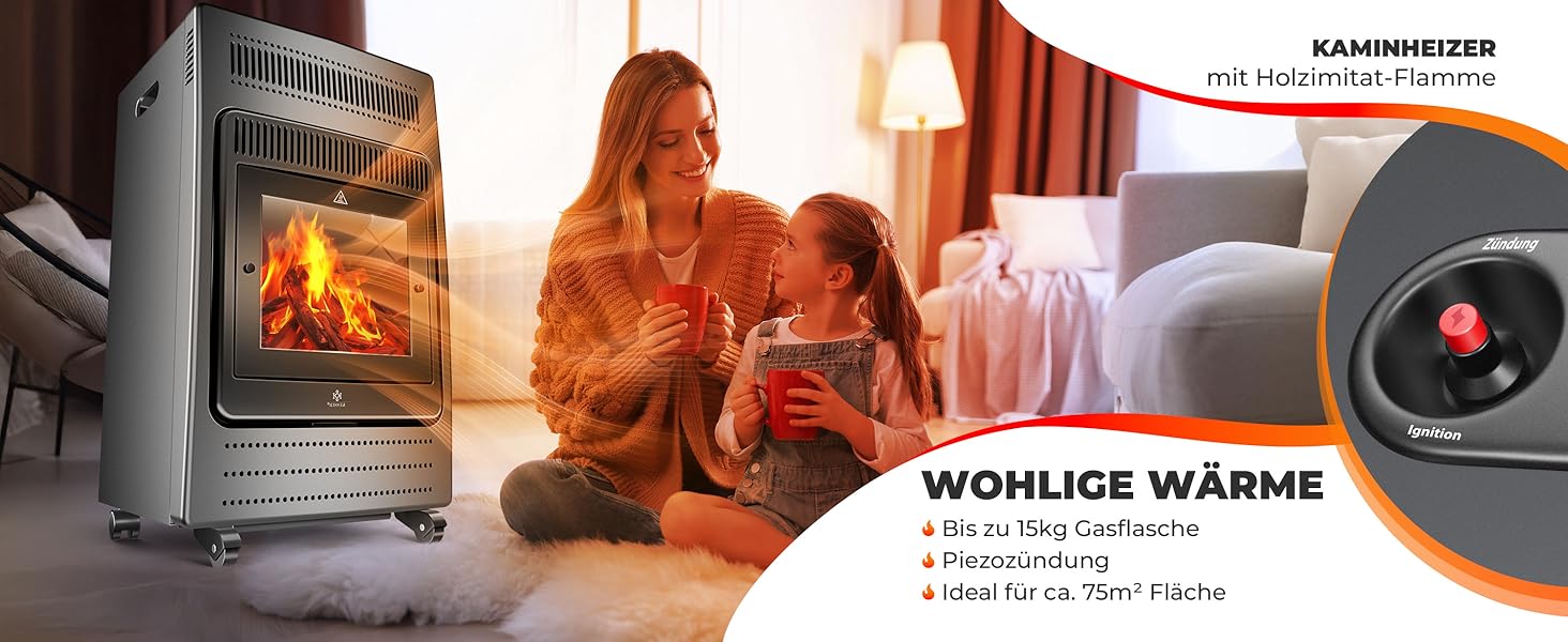 Газовий нагрівач KESSER®: газовий камін-нагрівач, 3.4 кВт, інфрачервоний, 2 режими, з регулятором та шлангом, чорний