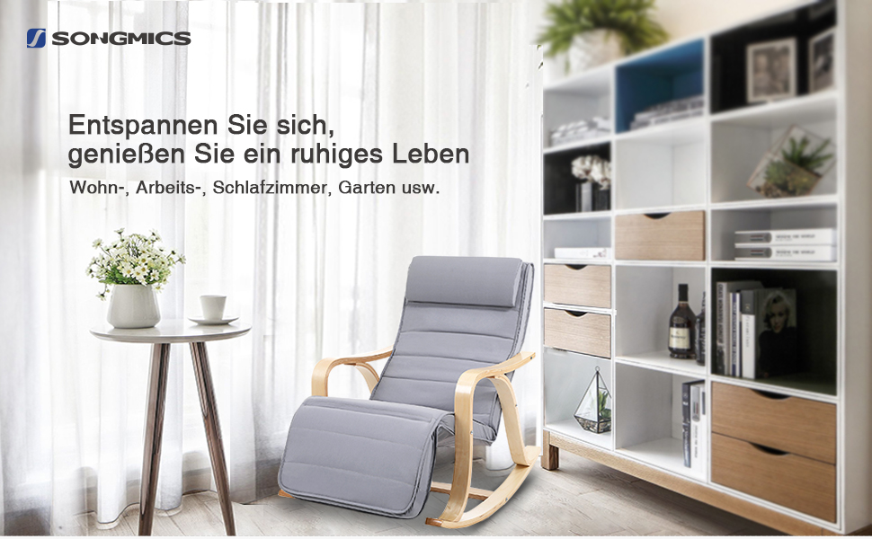 Крісло-гойдалка SONGMICS з берези, сіре, з регульованою підніжкою, бавовняний чохол, до 150 кг