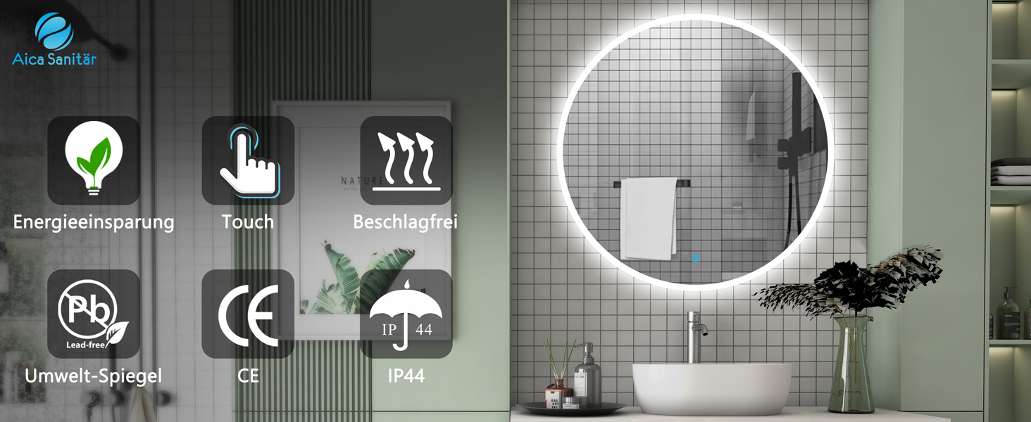 Круглий LED дзеркало для ванної кімнати 70 см з підсвічуванням, сенсорне керування, протизапітніння, Alpha Series, 70x70 см, холодне біле світло