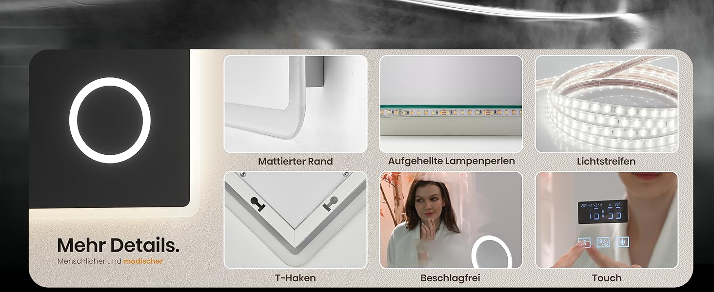 EMKE® LED дзеркало для ванної кімнати 80x60 см з підсвічуванням, регулюванням, антизапарюванням, 3 косметичні дзеркала, годинник, Bluetooth, IP44