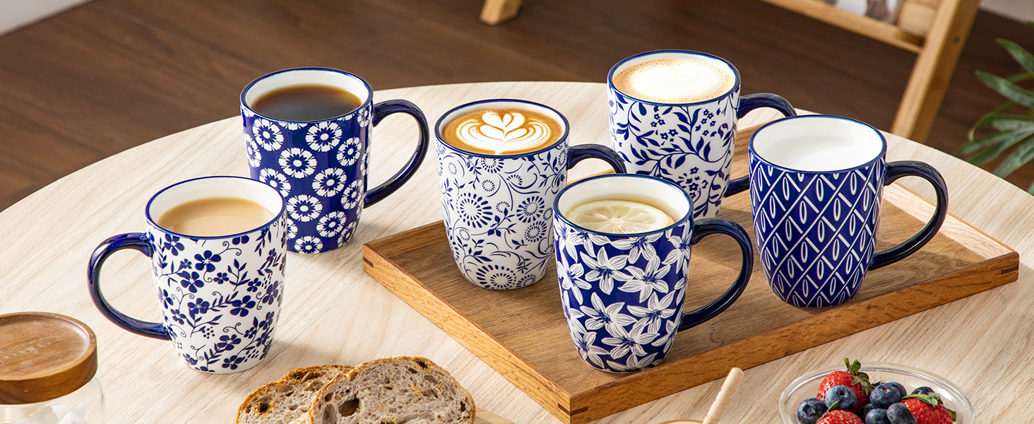 Набір кавових чашок Vancasso Selene, 6 шт., 360 мл, блакитно-білий вінтажний дизайн