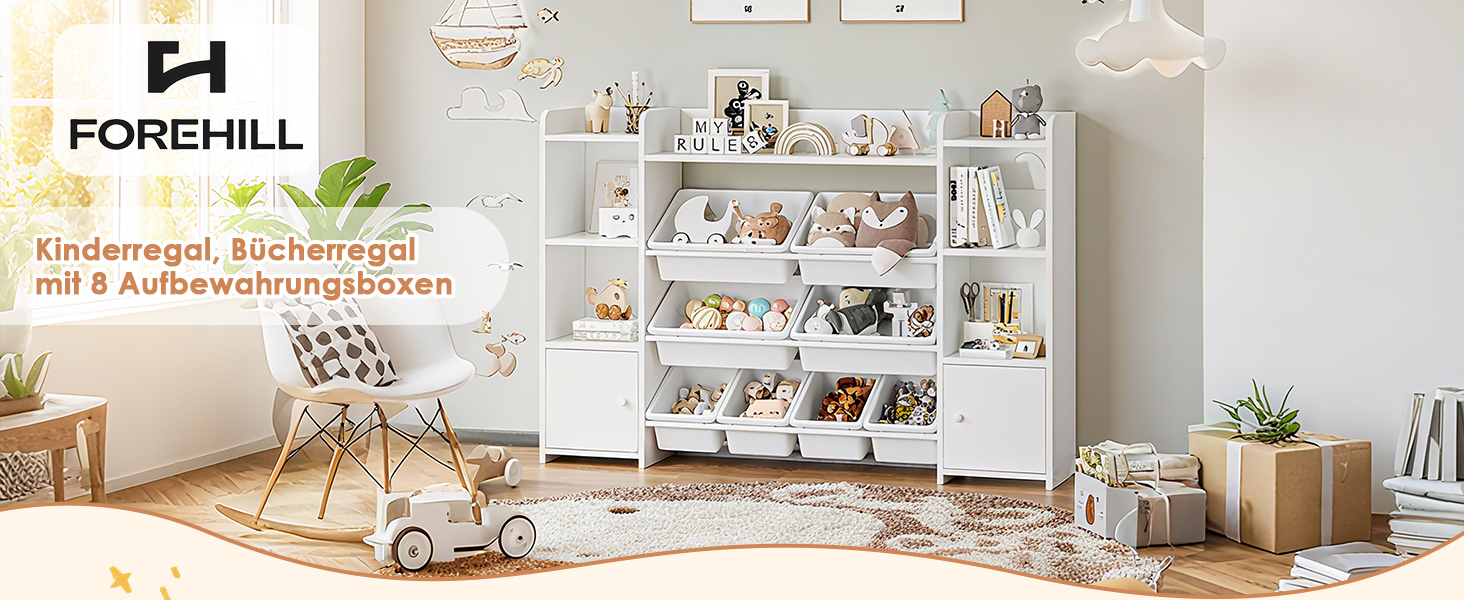 FOREHILL Дитяча полиця з 8 ящиками, дитячий шафчик, полиця для книг для дітей, органайзер для зберігання в дитячій кімнаті, меблі з іграшковою коробкою, 138,8 x 94,3 x 29,6 см, білий