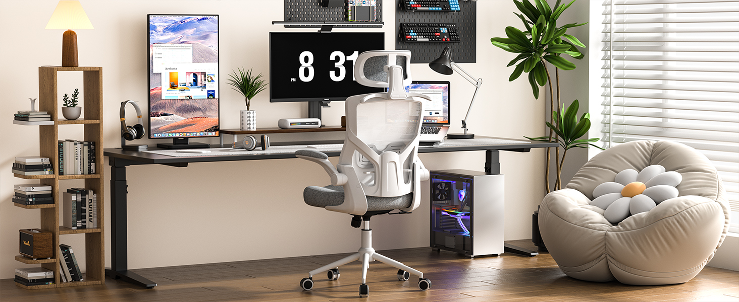 Ергономічне крісло для офісу з регульованою підголівником та поперековою підтримкою – високе офісне крісло з сітчастою спинкою та м'яким сидінням, вішалка для одягу та функцією блокування (білий та сірий)