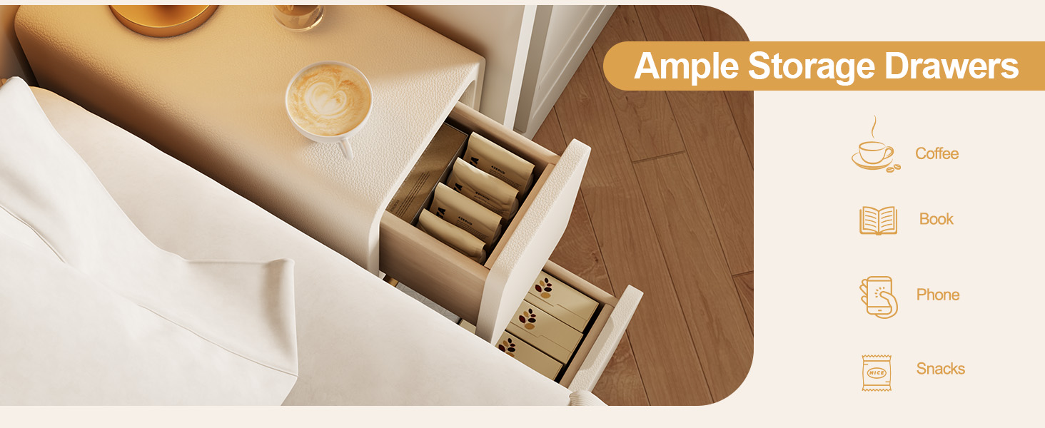 Нічний столик AQIMUELE, білий, з 2 шухлядами, ширина 30 см, без встановлення, з екошкірою