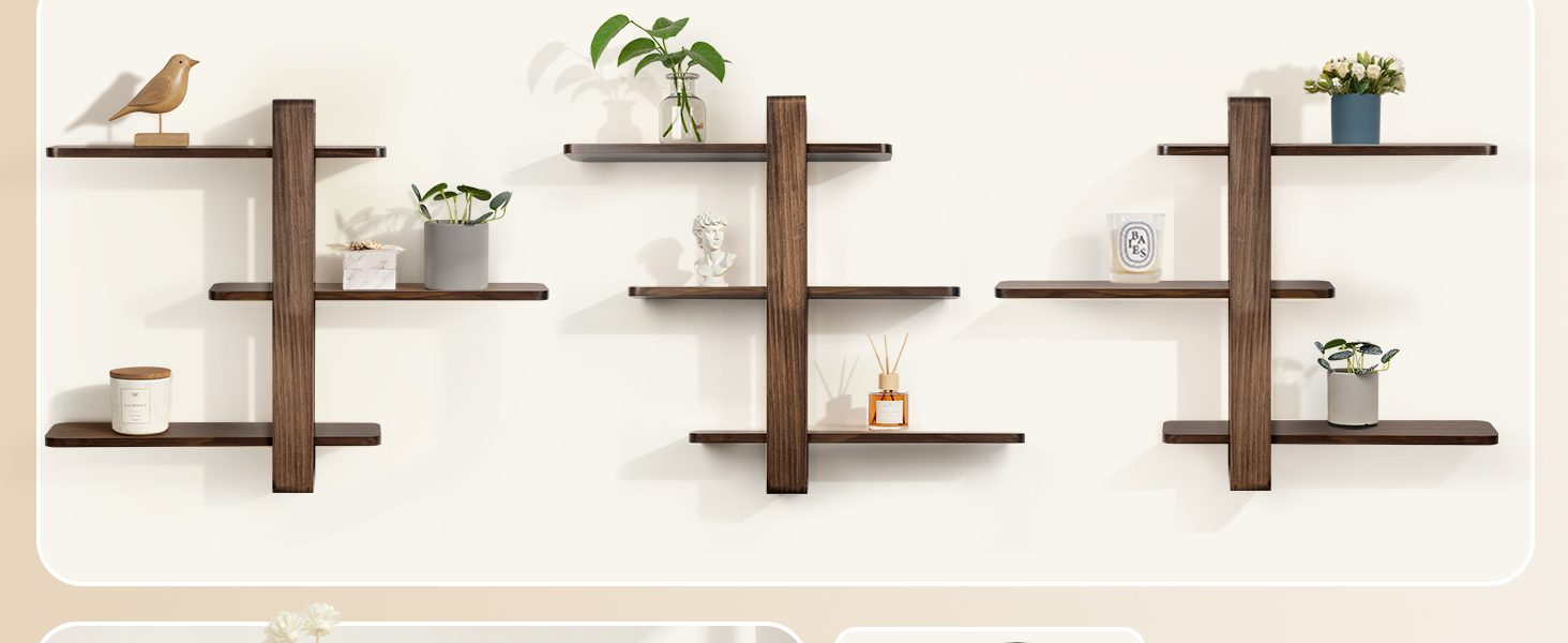 Полиця настінна SUMGAR з дерева, плаваючі полиці, 3-ярусна, декоративна, для вітальні, спальні, колір горіх, 50x58 см