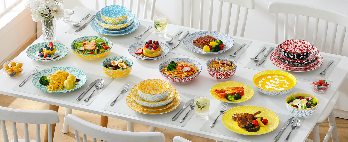 Набір посуду Vancasso Selene для 6 осіб, 24 елементи: тарілки, супові тарілки, миски, десертні тарілки. Пастельне порцелянове покриття, підходить для мікрохвильової печі.