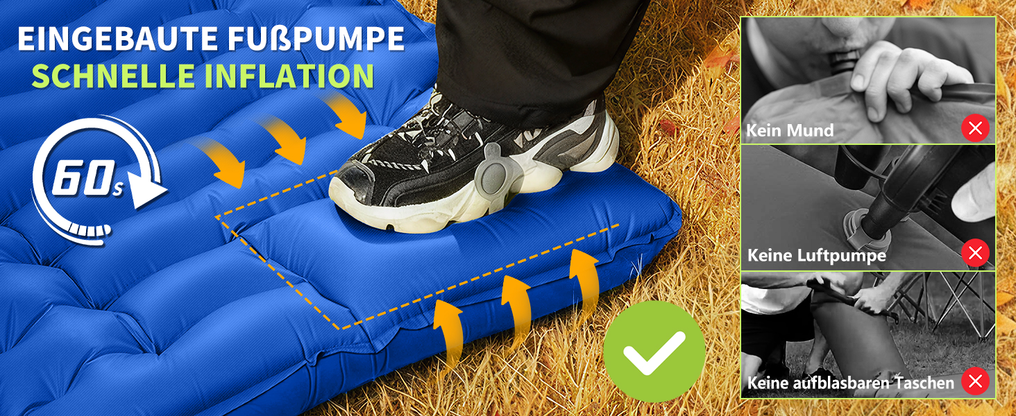 Кемпінговий надувний килимок Yuzonc Isomatte з вбудованим ножним насосом та подушкою, компактний легкий матрац для походів, туризму та пляжу (Blue231)