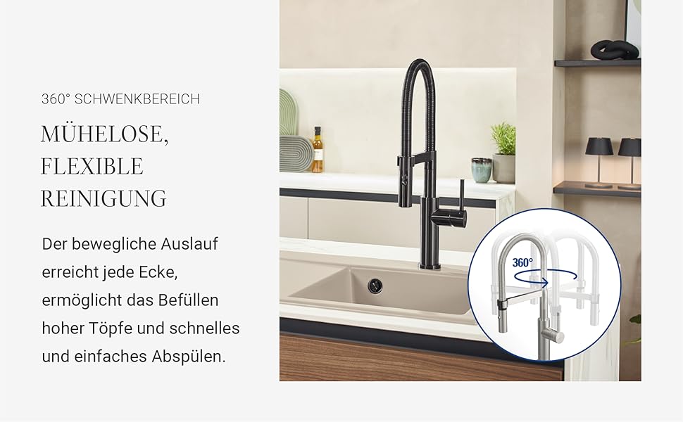 Змішувач кухонний Villeroy & Boch Steel Expert Compact, чорний матовий, з висувним гусаком та перемикачем, висота 170мм
