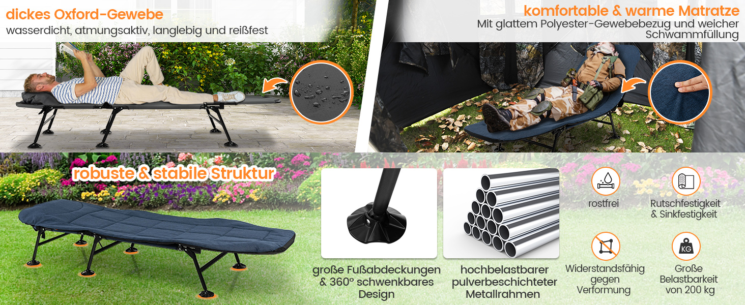 Складане ліжко для риболовлі та кемпінгу GOPLUS, посилене (до 200 кг), з регульованою спинкою (6 позицій) та спеціальними опорами для м'якого ґрунту, сіре