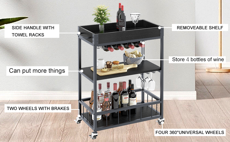 Сервізний візок Huhote з полицею для вина, барний візок, візок для напоїв, візок на колесах, візок для вина в їдальню, кухню, вітальню, бар, на вечірку, з імітацією текстури дерева (чорний, безіржавний кошик)
