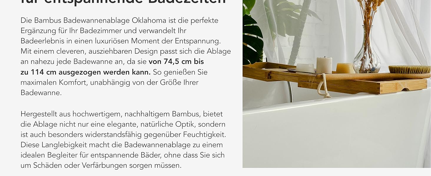 Підставка для ванни з бамбука Floordirekt, регульована, з полицею для книг, висувна, Oklahoma