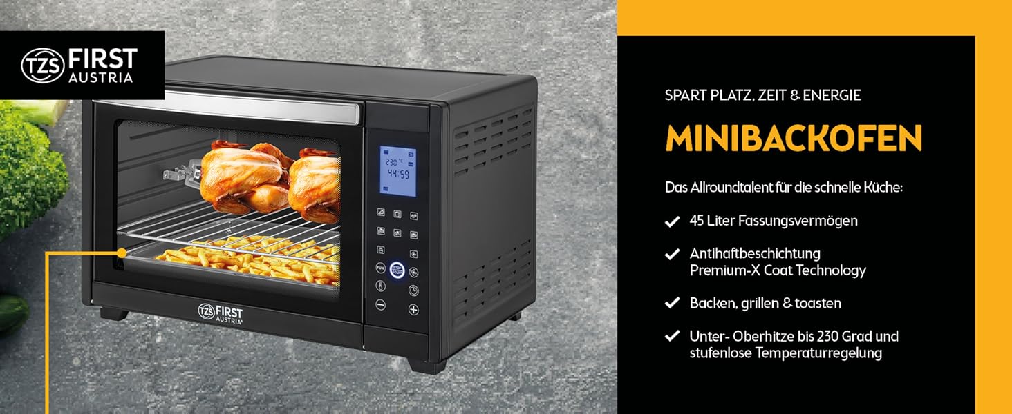 Міні-піч First Austria Digital 45L 2000W Premium-X з рожном та таймером - електропіч для кухні та кемпінгу