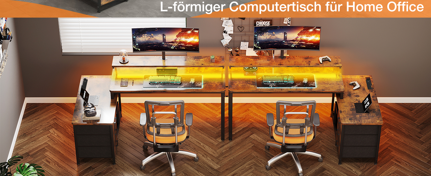 Кутовий стіл ODK з ящиками 174x100 см, з полицею, реверсивний, для геймінгу, офісу, дому, коричневий